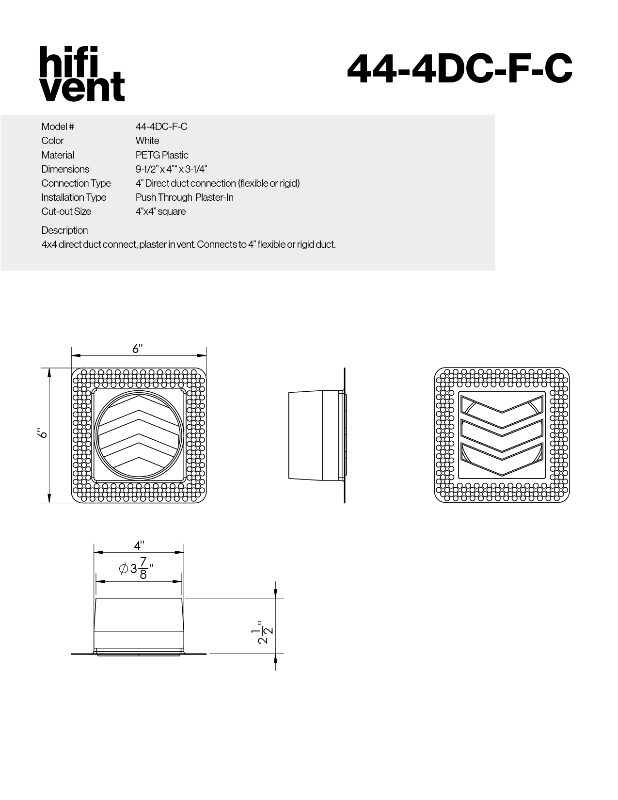 4"x4" Plaster-In Vent - Chevron Design - 4” direct connect