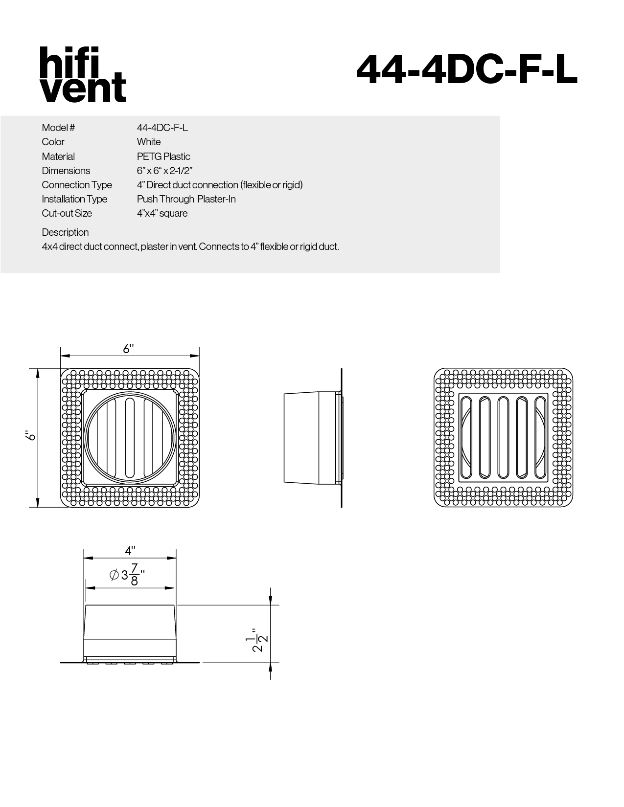 4"x4" Plaster-In Vent - Linear Design - 4” direct connect