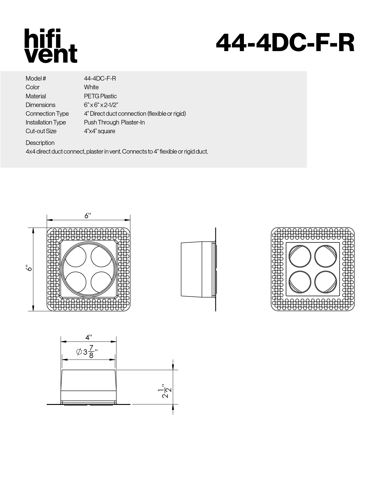 4"x4" Plaster-In Vent - Circle Design - 4” direct connect