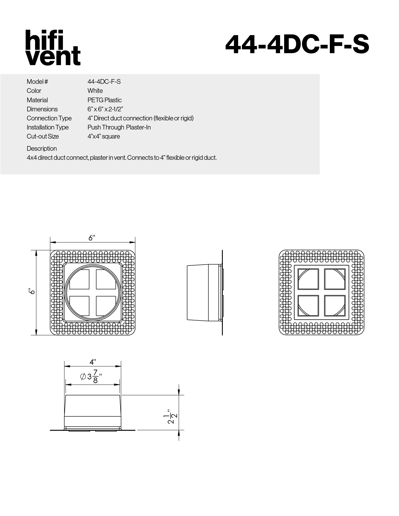 4"x4" Plaster-In Vent - Quad Square Design - 4” direct connect