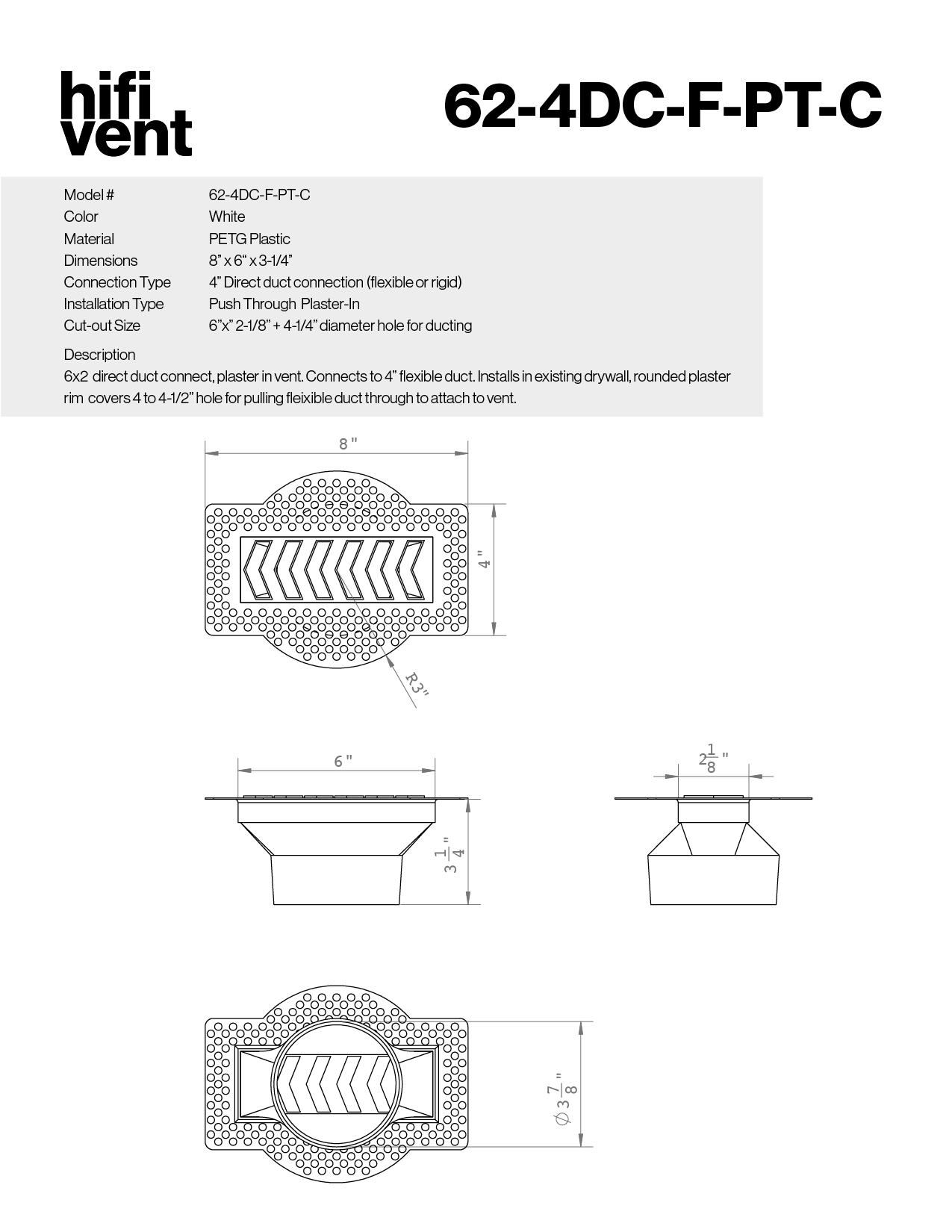 6"x2" Plaster-In Vent - Chevron Design - 4” direct connect
