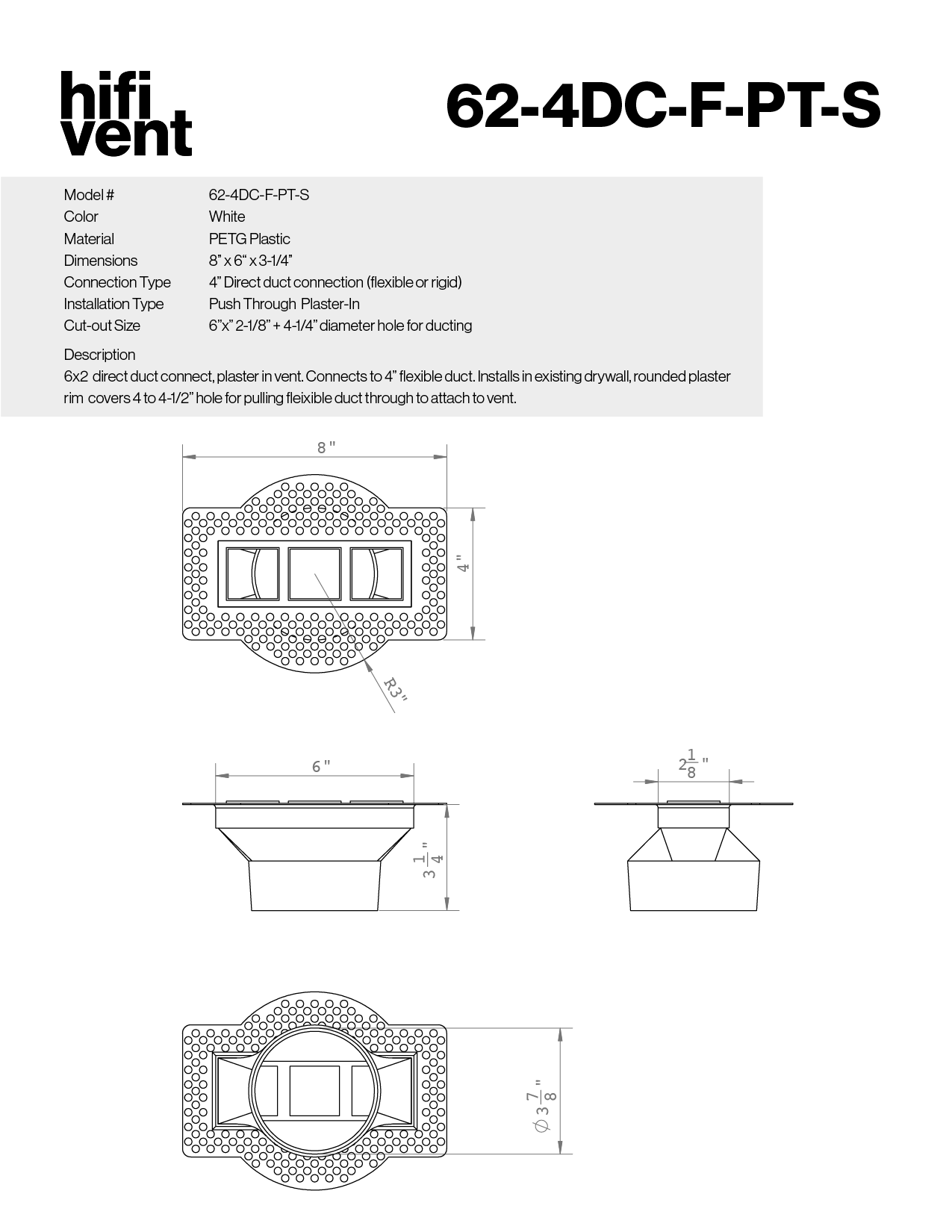 6"x2" Plaster-In Vent - Triple Square Design - 4” direct connect