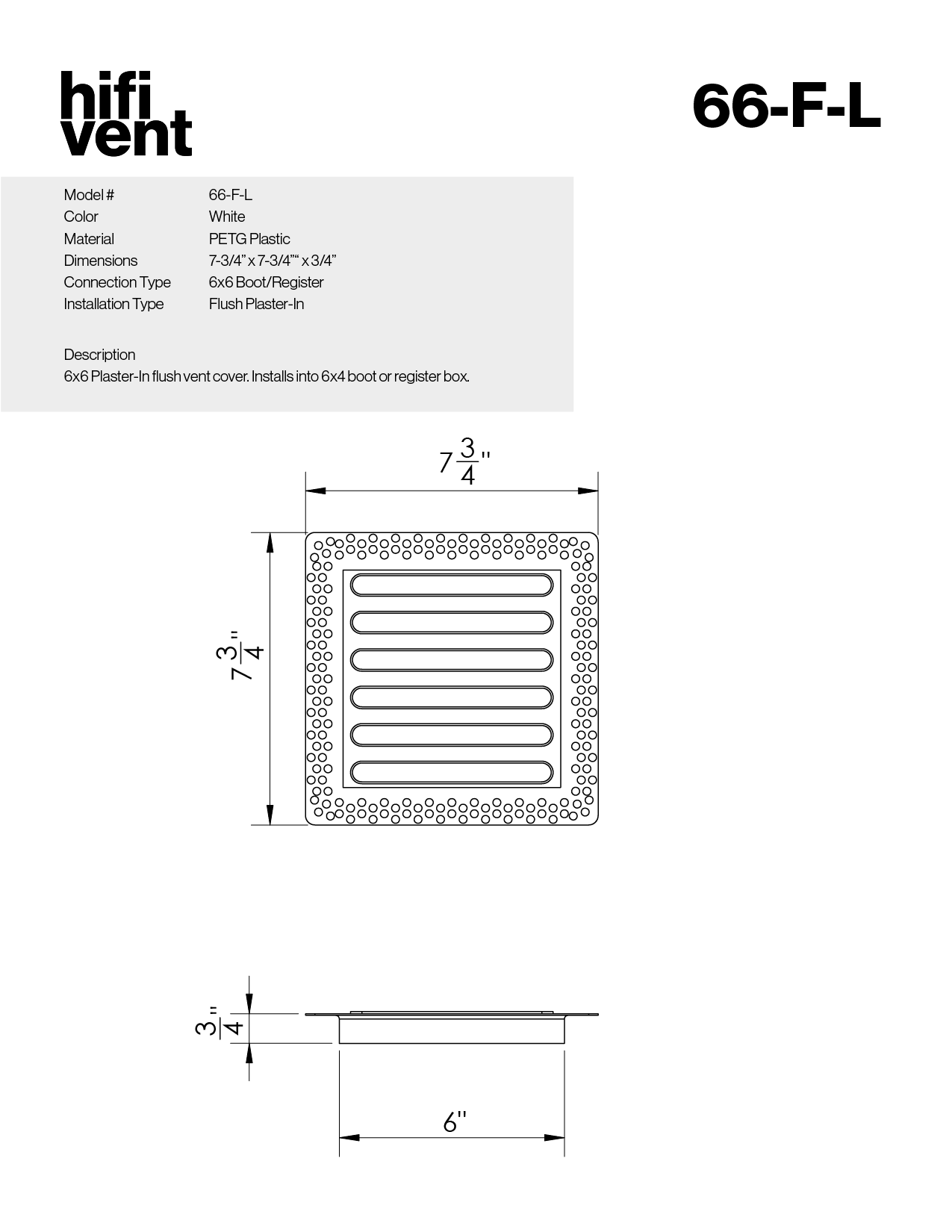 6"x6" Plaster-In Vent - Linear Design - Register