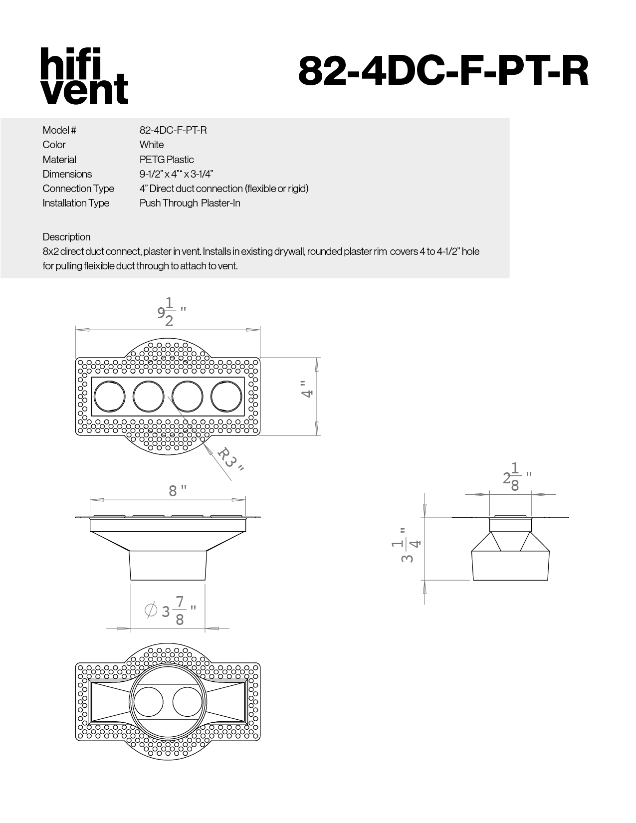 8"x2" Plaster-In Vent - Quad Circle Design - 4”/5" direct connect
