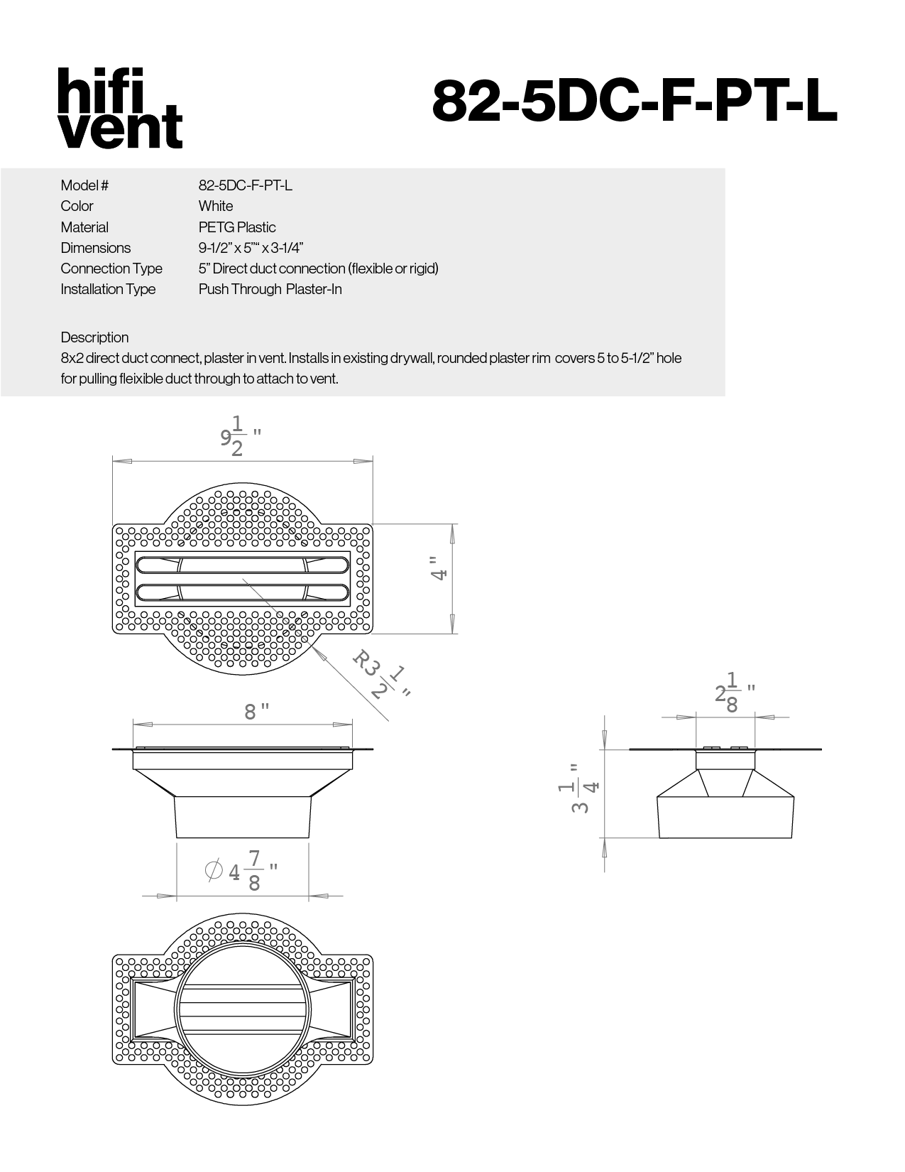8"x2" Plaster-In Vent - Linear Design - 4”/5" direct connect