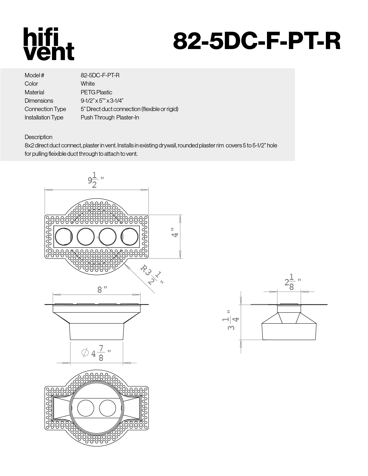 8"x2" Plaster-In Vent - Quad Circle Design - 4”/5" direct connect