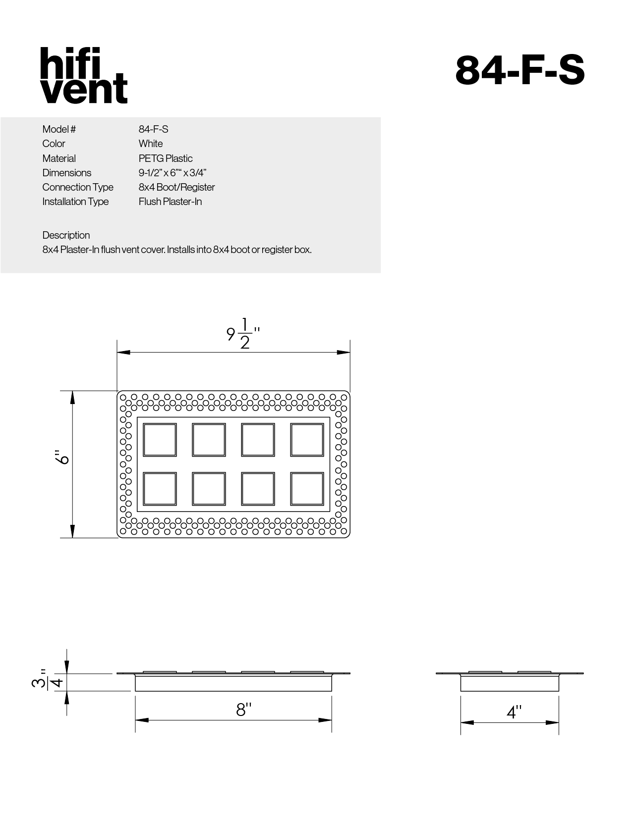 8"x4" Plaster-In Vent - Square Design - Register