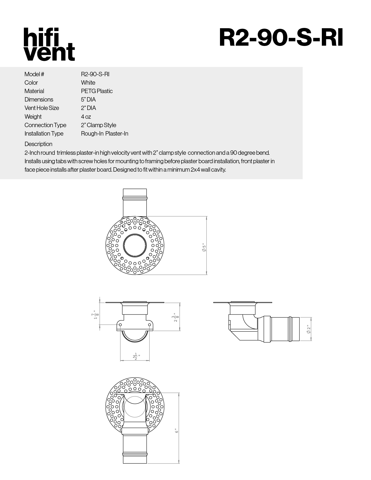Modern 2-Inch Round Trimless Plaster-In High Velocity Outlet