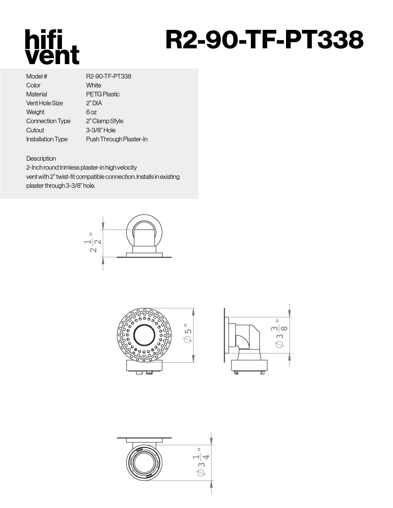 Modern 2-Inch Round Trimless Plaster-In High Velocity Outlet