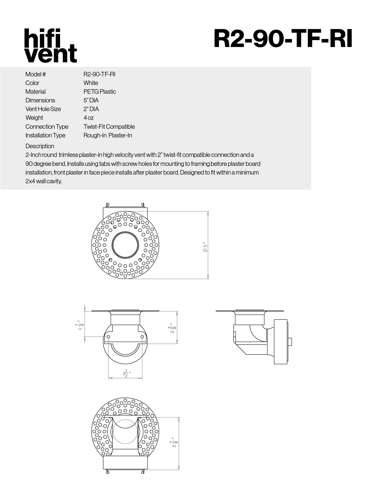 Modern 2-Inch Round Trimless Plaster-In High Velocity Outlet