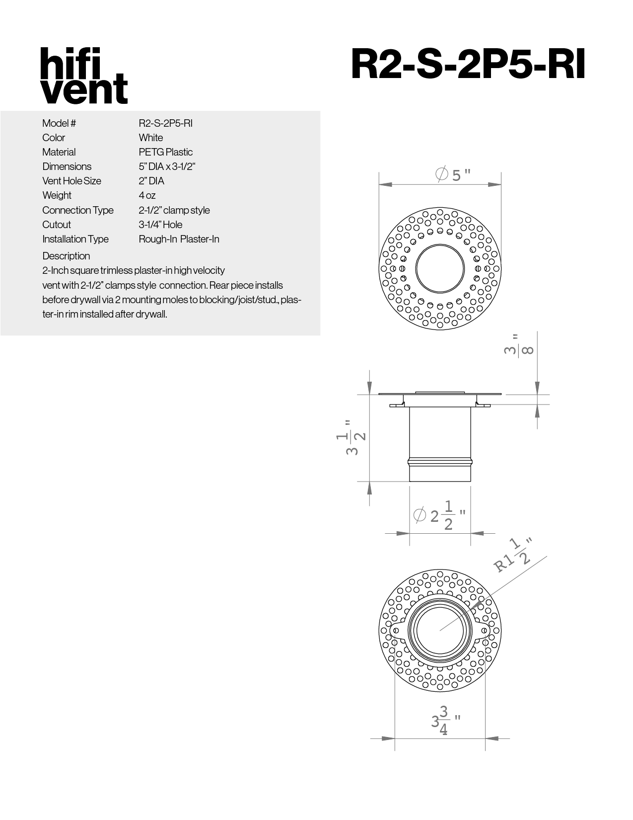 Modern 2-Inch Round Trimless Plaster-In High Velocity Outlet