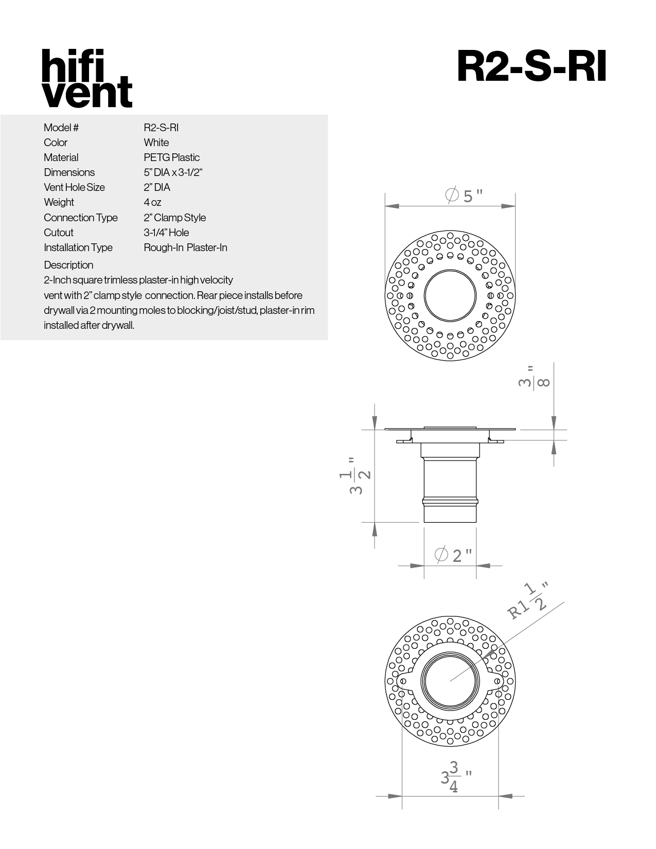 Modern 2-Inch Round Trimless Plaster-In High Velocity Outlet