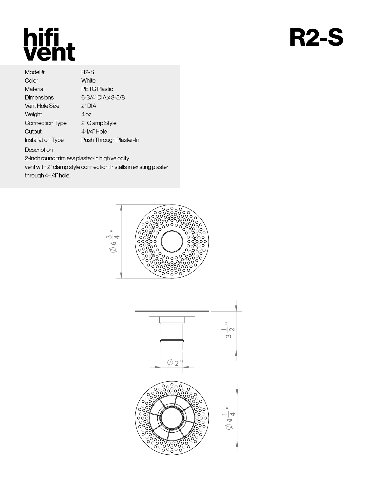Modern 2-Inch Round Trimless Plaster-In High Velocity Outlet