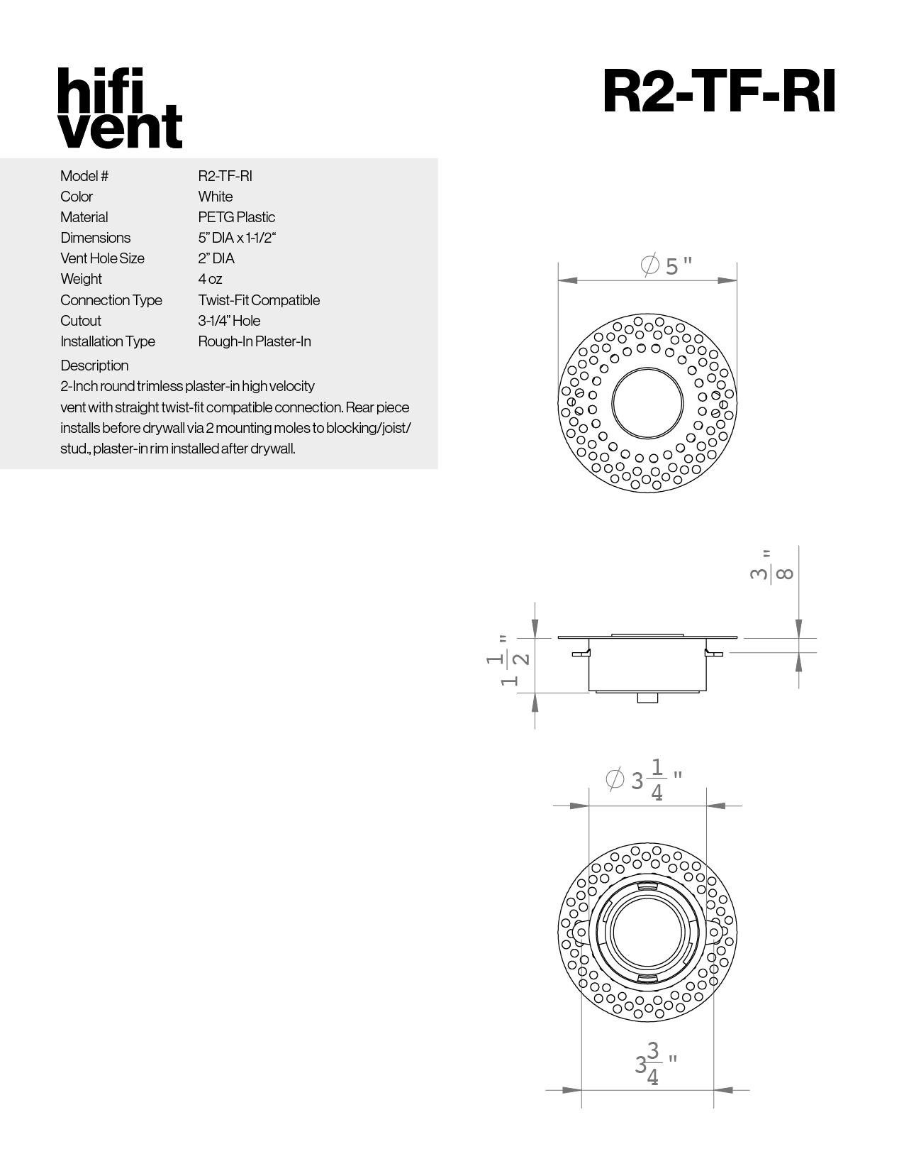 Modern 2-Inch Round Trimless Plaster-In High Velocity Outlet