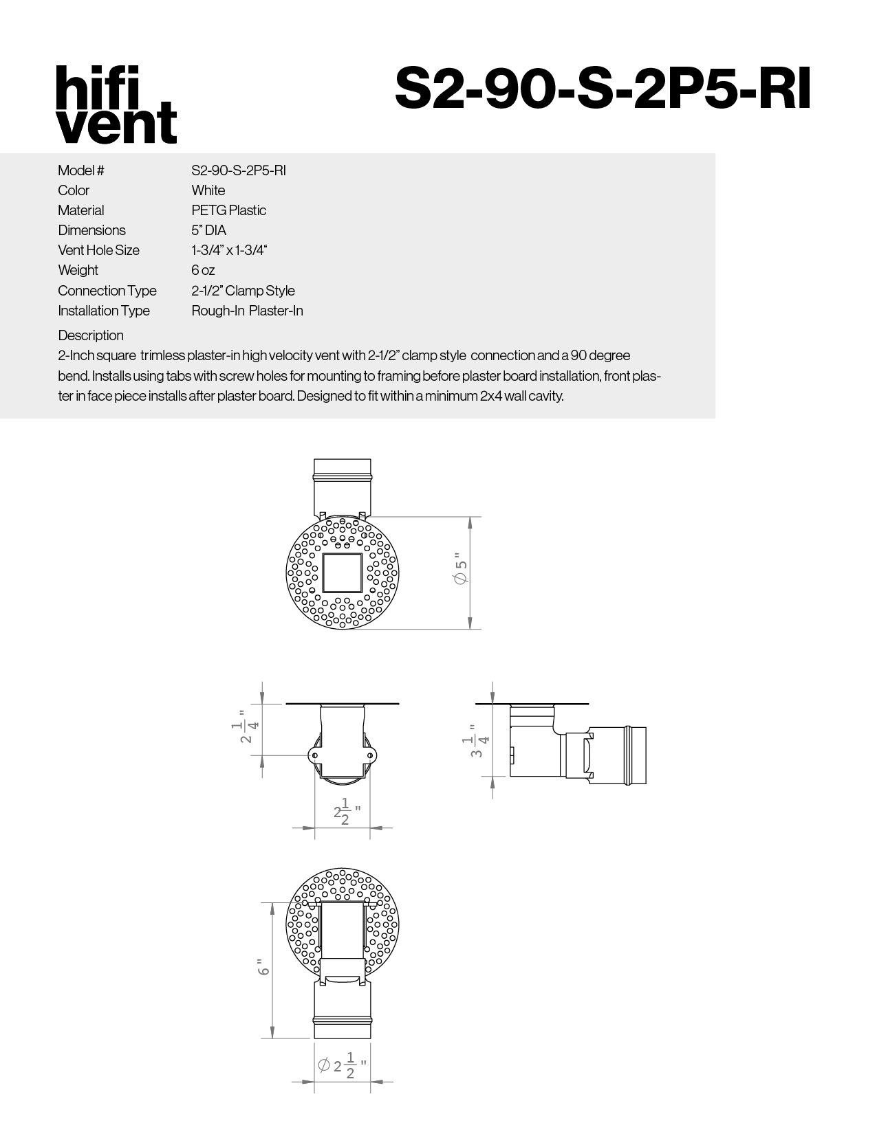 Modern 2-Inch Square Trimless Plaster-In High Velocity Outlet