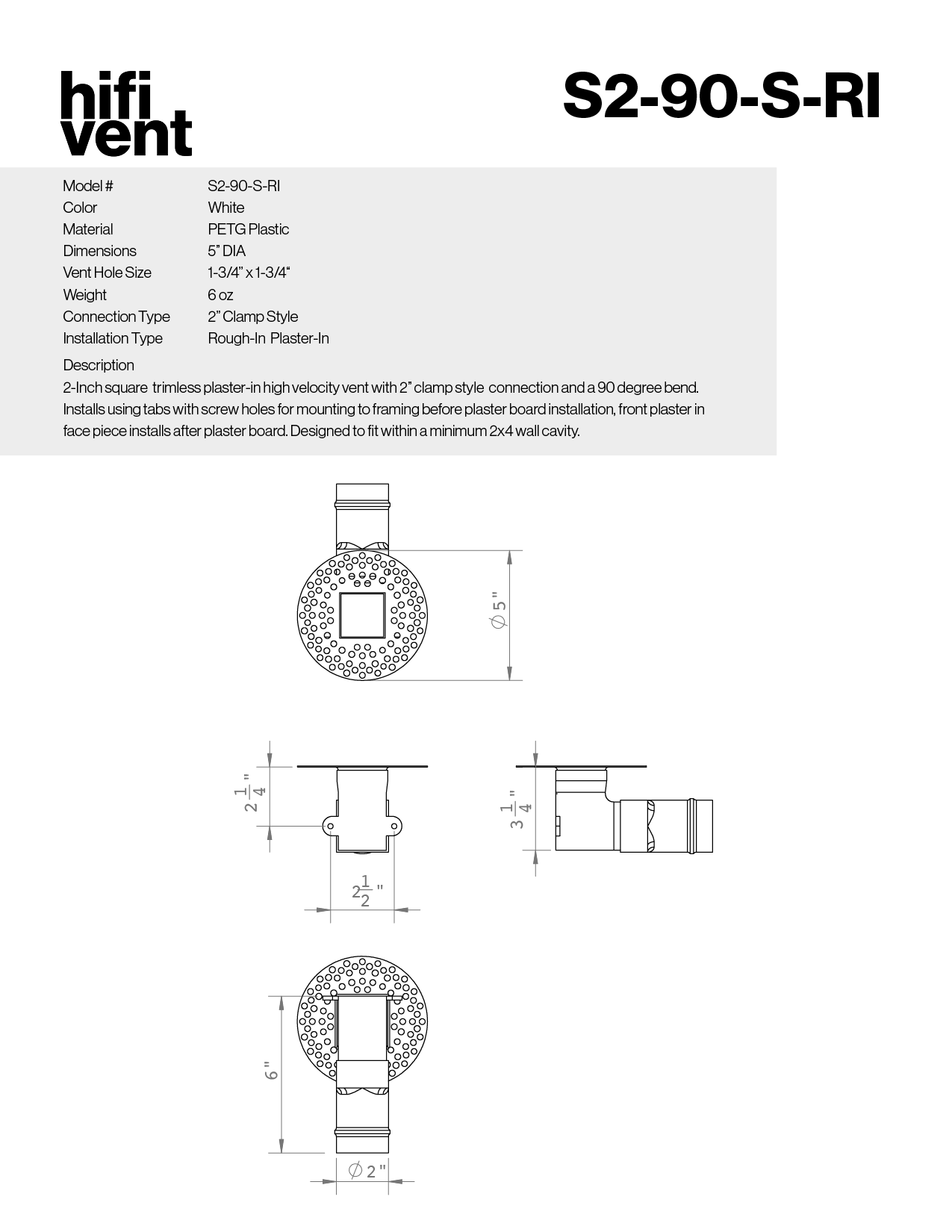 Modern 2-Inch Square Trimless Plaster-In High Velocity Outlet