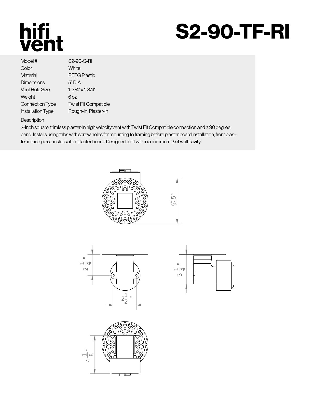 Modern 2-Inch Square Trimless Plaster-In High Velocity Outlet
