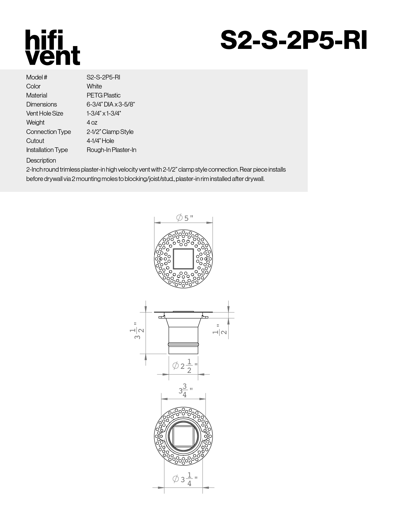 Modern 2-Inch Square Trimless Plaster-In High Velocity Outlet