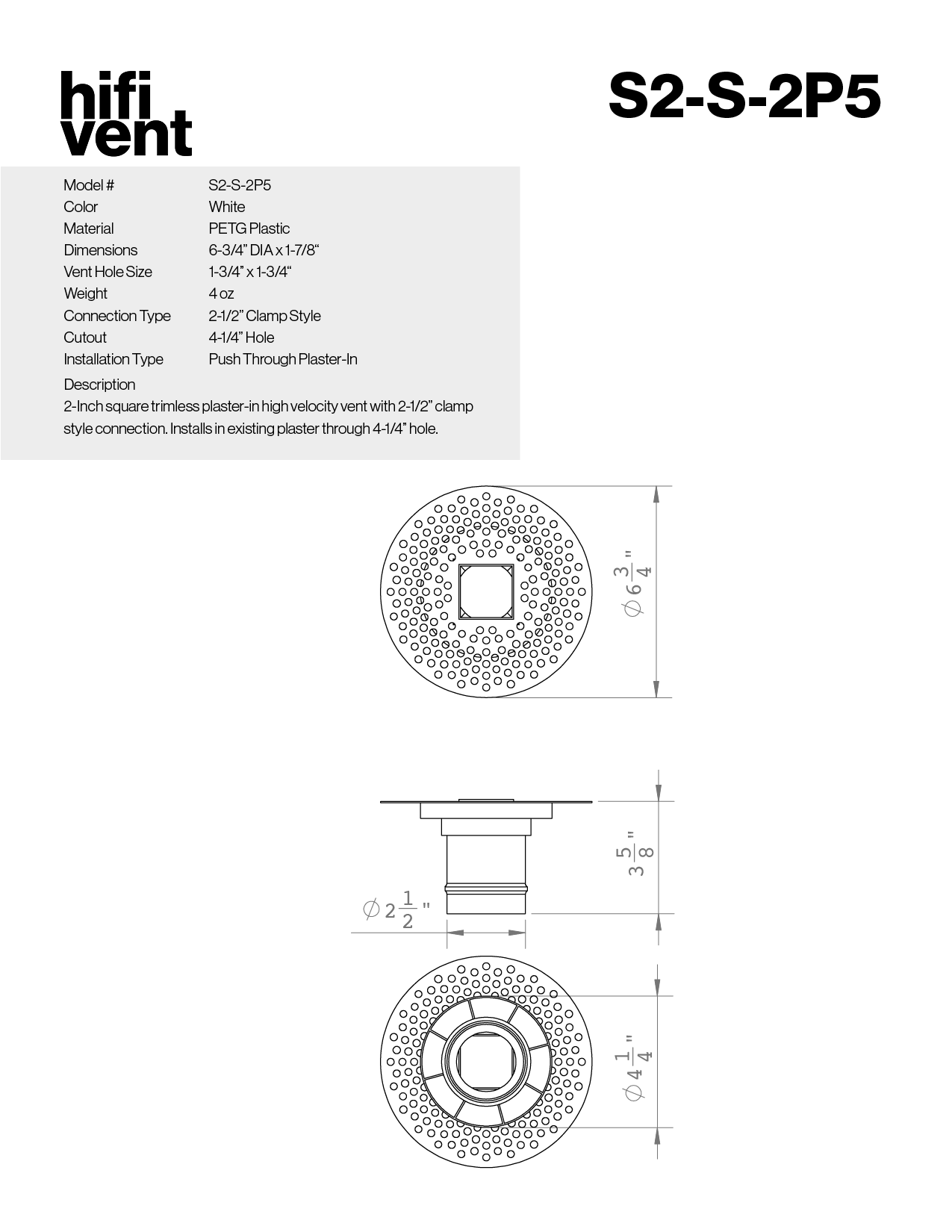 Modern 2-Inch Square Trimless Plaster-In High Velocity Outlet