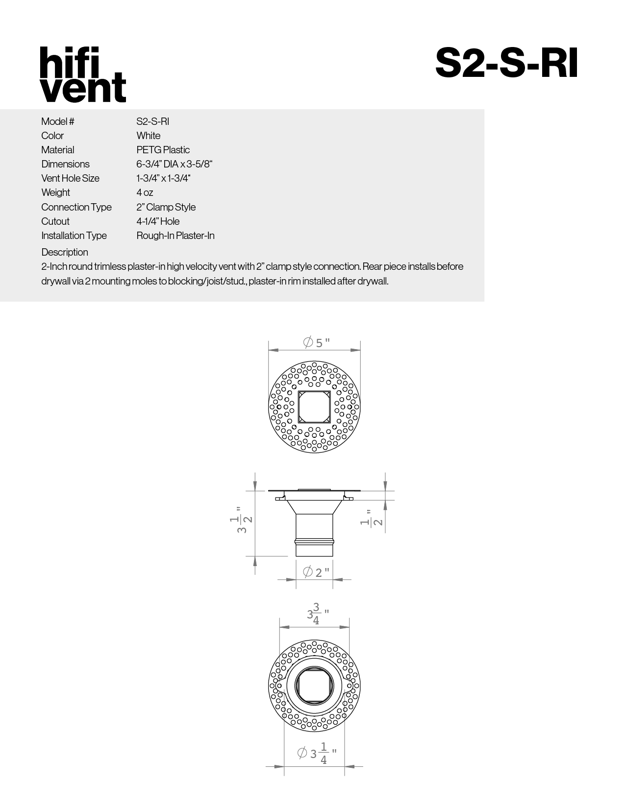 Modern 2-Inch Square Trimless Plaster-In High Velocity Outlet