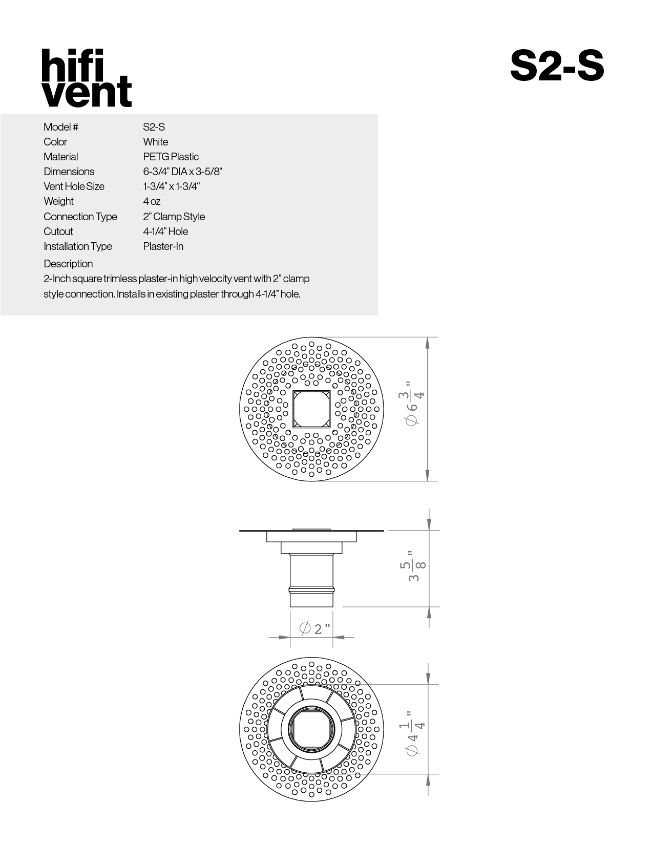 Modern 2-Inch Square Trimless Plaster-In High Velocity Outlet