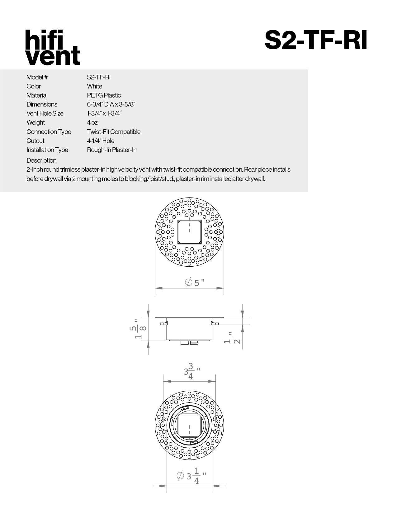 Modern 2-Inch Square Trimless Plaster-In High Velocity Outlet