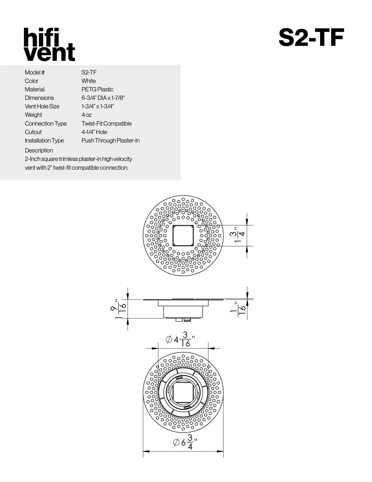 Modern 2-Inch Square Trimless Plaster-In High Velocity Outlet