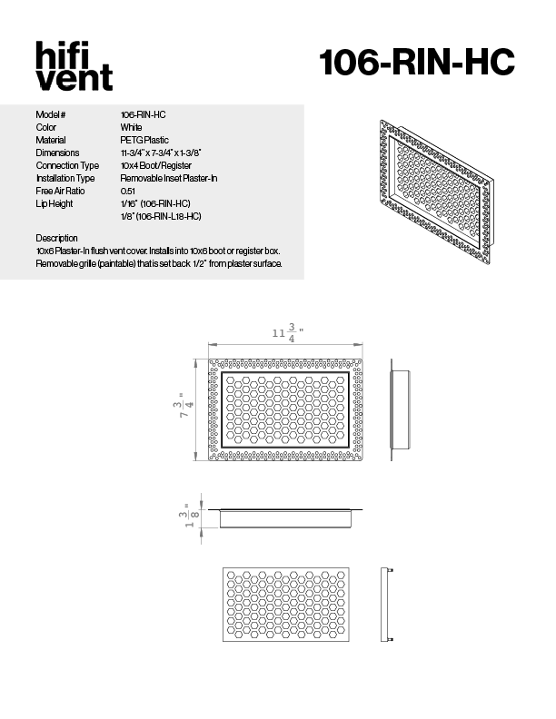 Removable Plaster-In Vent - Hexagon Honeycomb Design - Square/Rectangular Registers