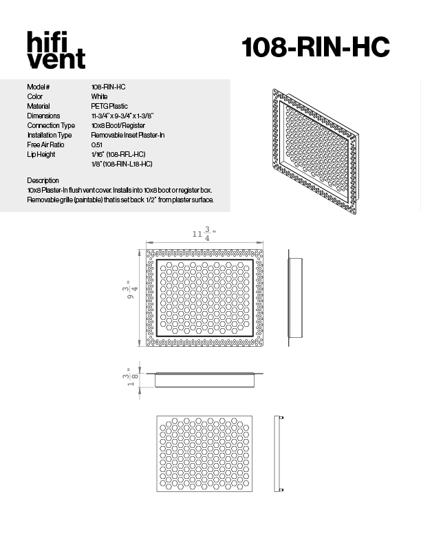 Removable Plaster-In Vent - Hexagon Honeycomb Design - Square/Rectangular Registers
