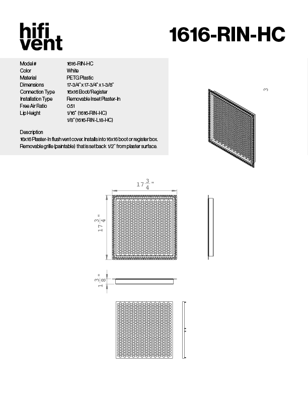Removable Plaster-In Vent - Hexagon Honeycomb Design - Square/Rectangular Registers