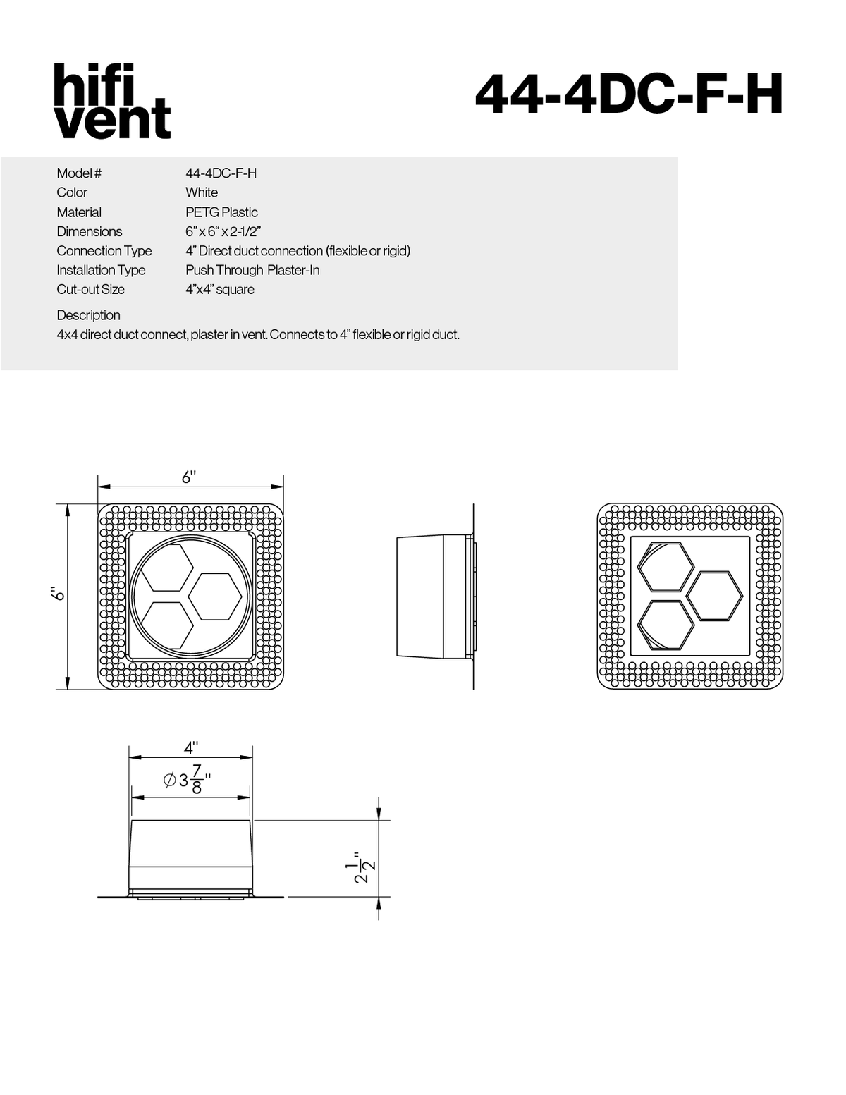 4"x4" Plaster-In Vent - Hexagon Design - 4” direct connect