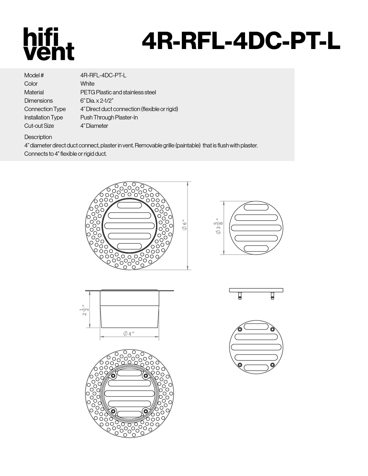 4" Round Removable Grille Modern Trimless Plaster-In Vent Direct Connect to 4" duct
