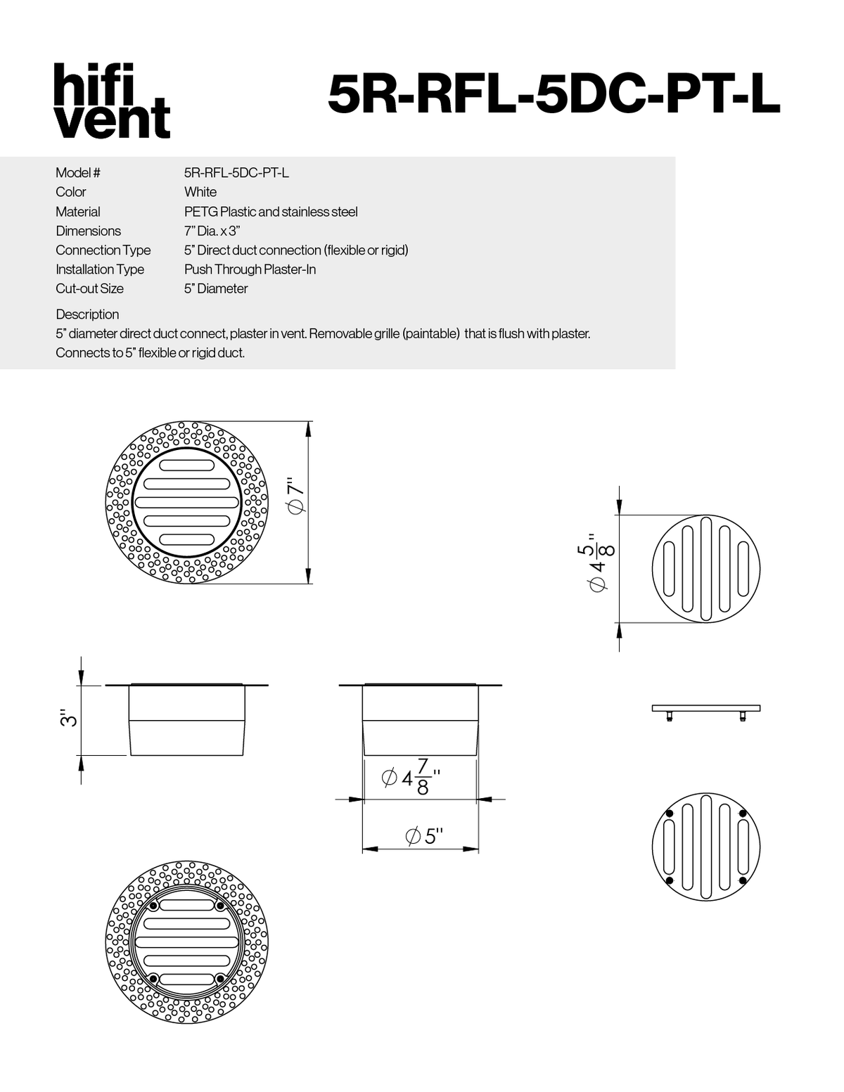 5" Round Removable Grille Modern Trimless Plaster-In Vent Direct Connect to Round Duct