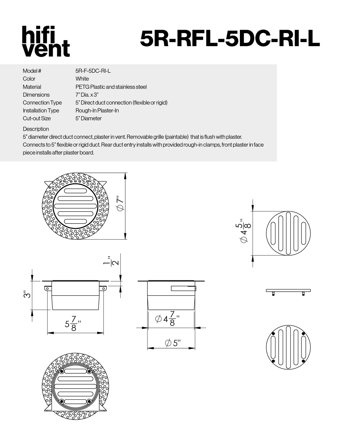 5" Round Removable Grille Modern Trimless Plaster-In Vent Direct Connect to Round Duct
