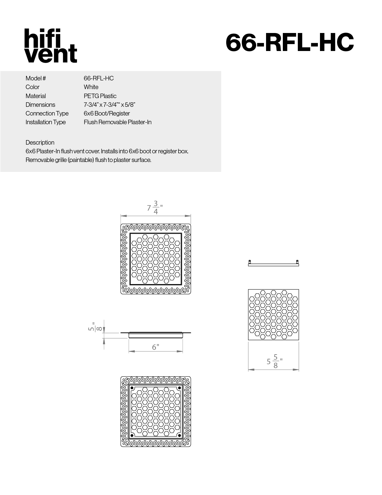 Removable Plaster-In Vent - Hexagon Honeycomb Design - Square/Rectangular Registers