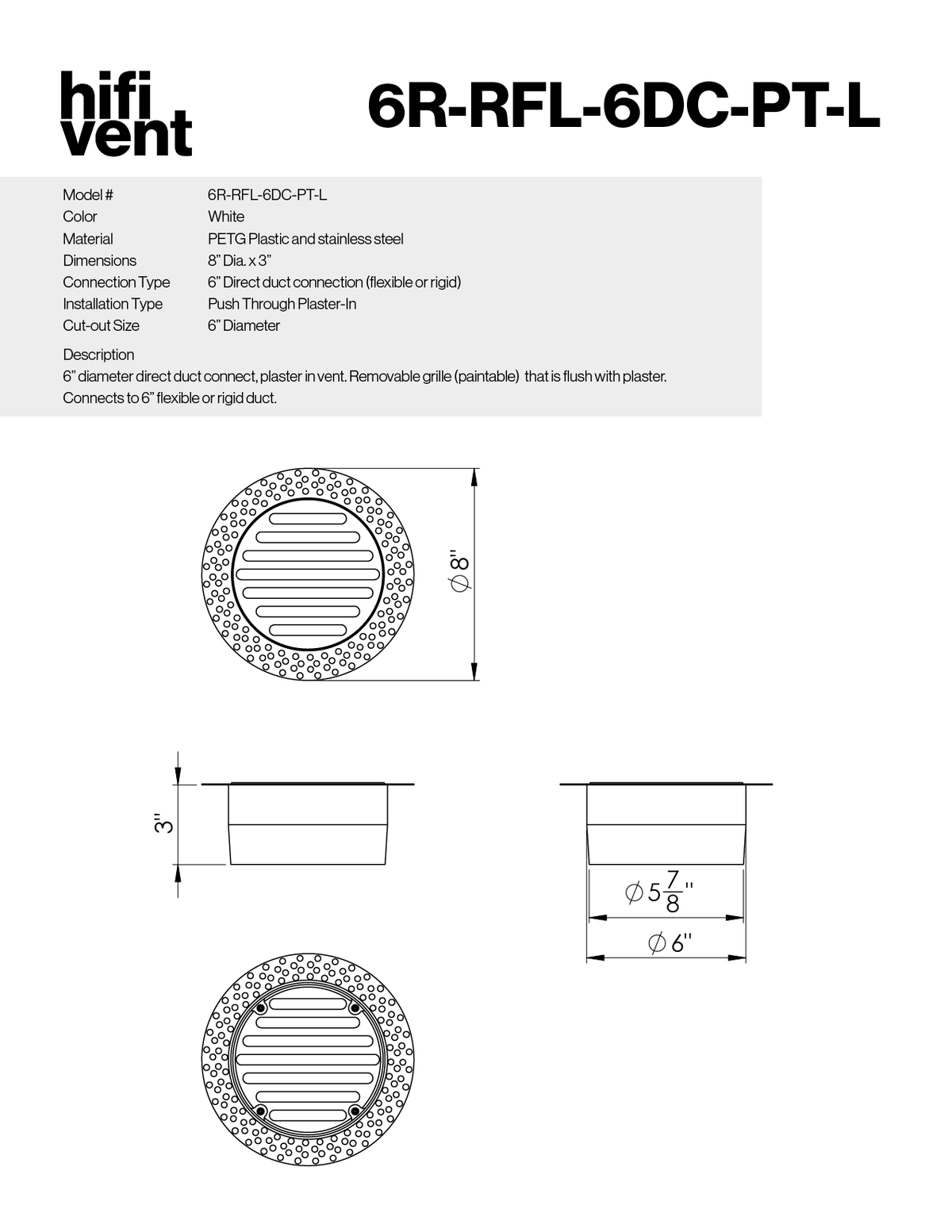 6" Round Removable Grille Modern Trimless Plaster-In Vent Direct Connect Round Duct