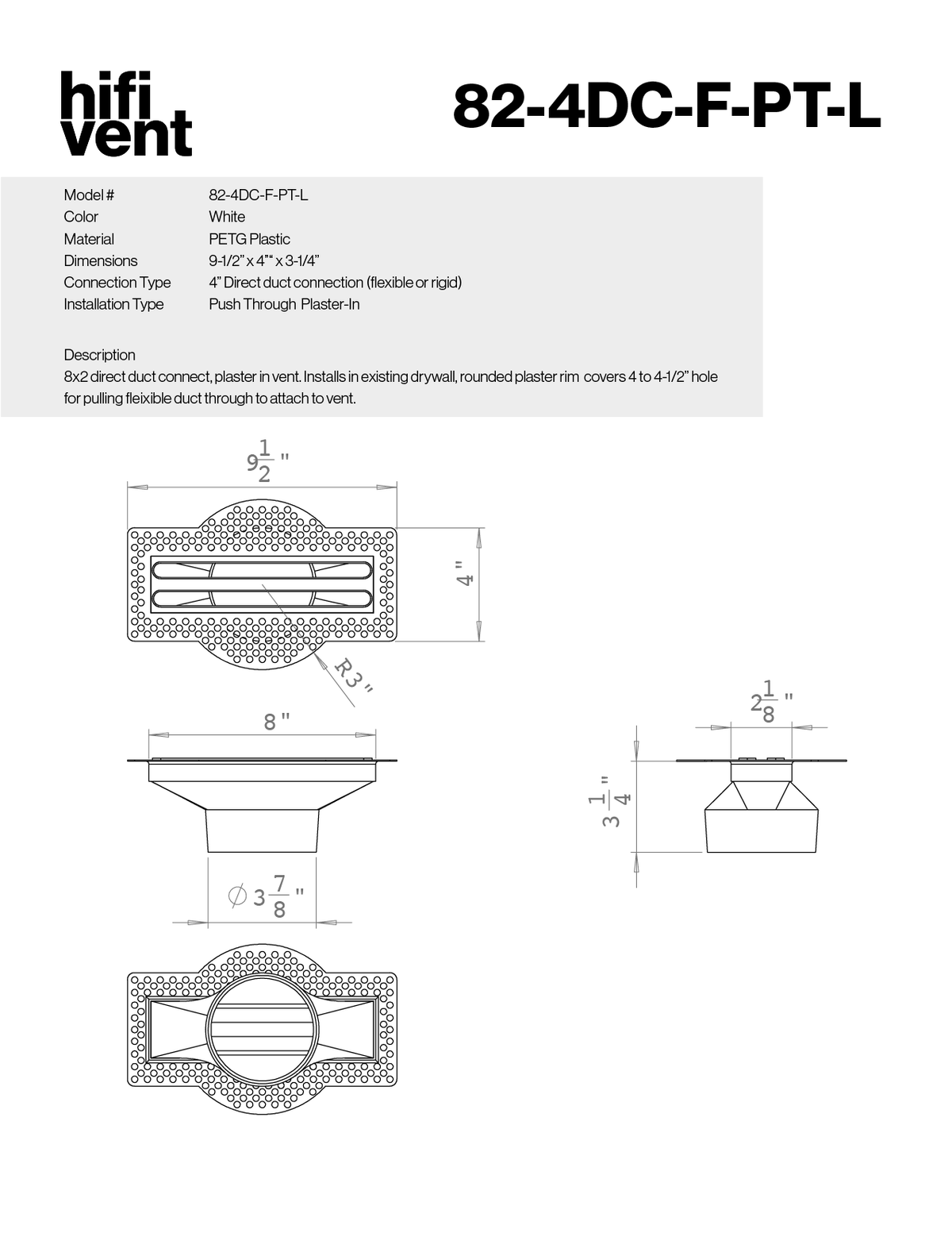 8x2-inch plaster-in vent, linear design, 4-inch direct connect, push-through
