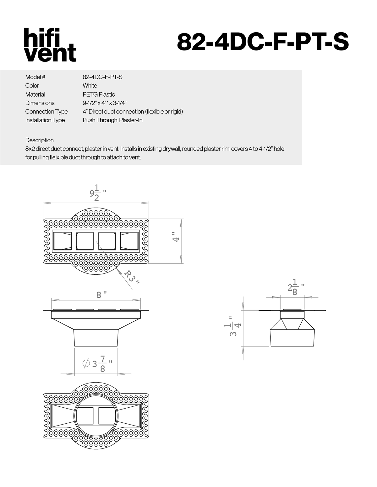 8x2-inch plaster-in vent, quad square design, 4-inch direct connect, push-through