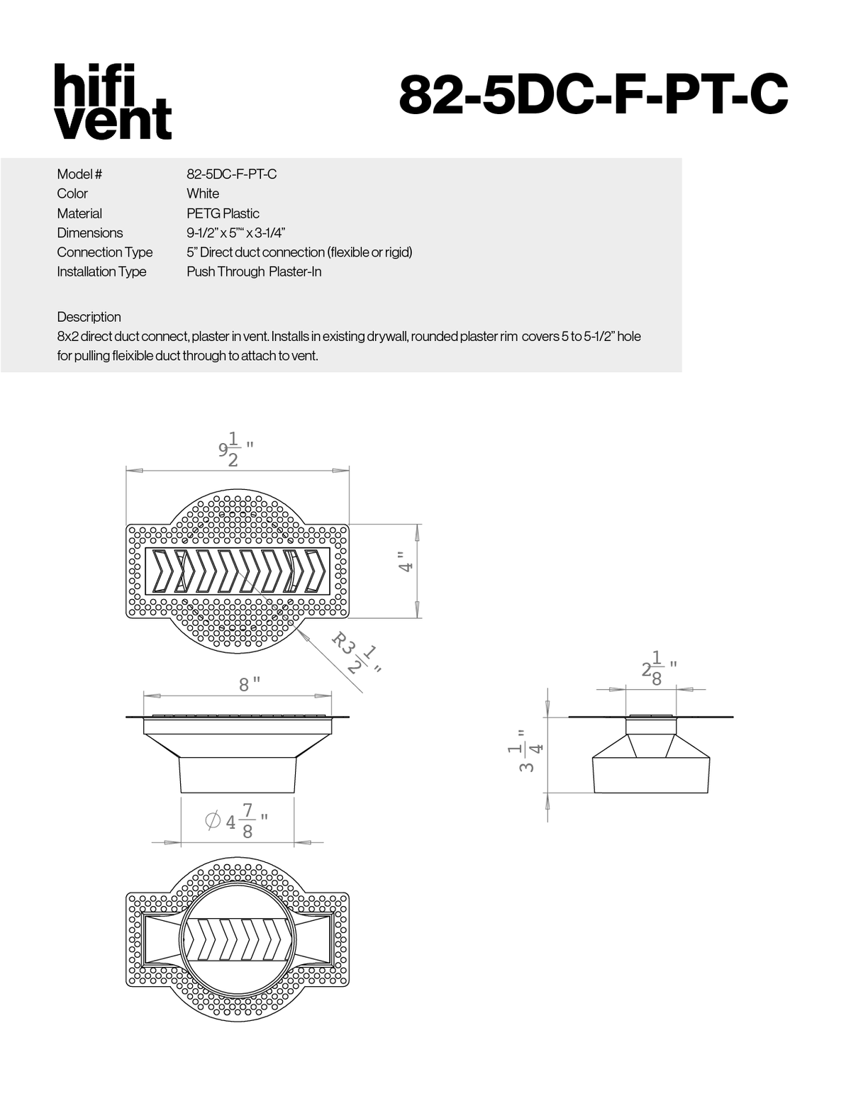 8x2-inch plaster-in vent, chevron design, 5-inch direct connect, push-through