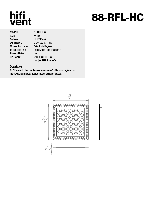 Removable Plaster-In Vent - Hexagon Honeycomb Design - Square/Rectangular Registers