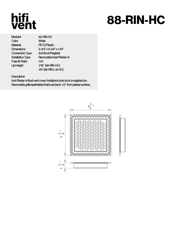 Removable Plaster-In Vent - Hexagon Honeycomb Design - Square/Rectangular Registers