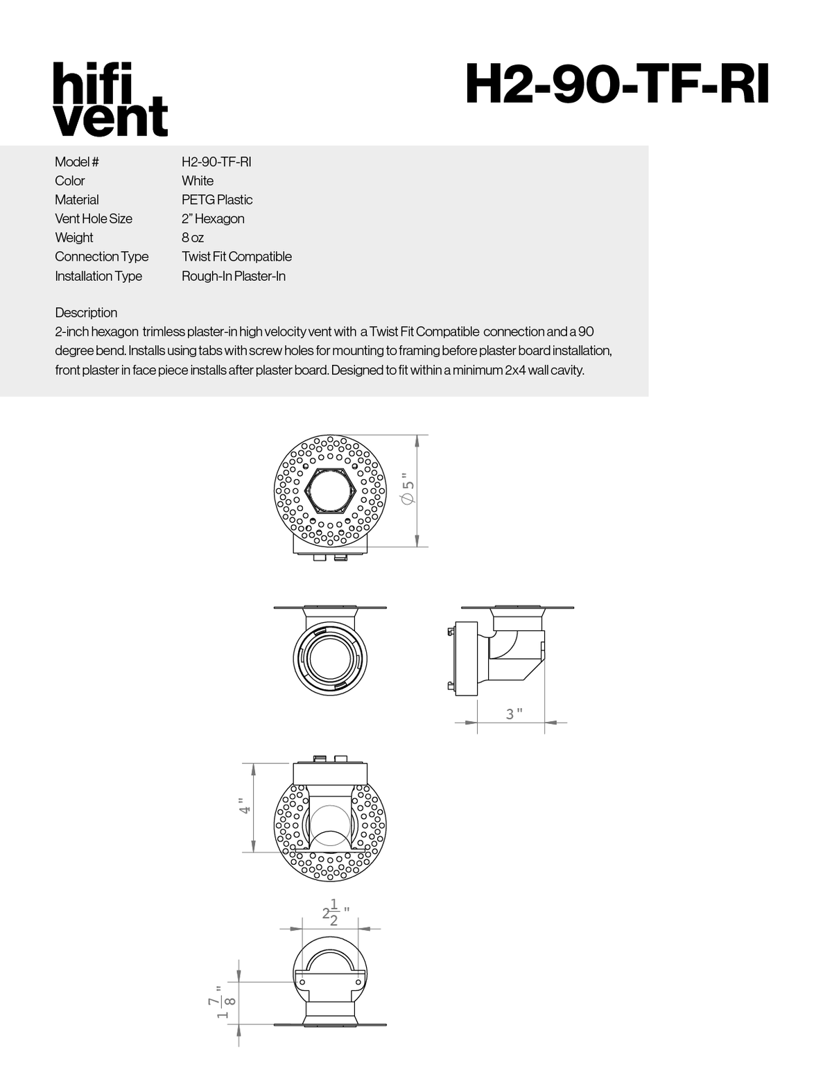 Modern 2-Inch Hexagon Trimless Plaster-In High Velocity Outlet
