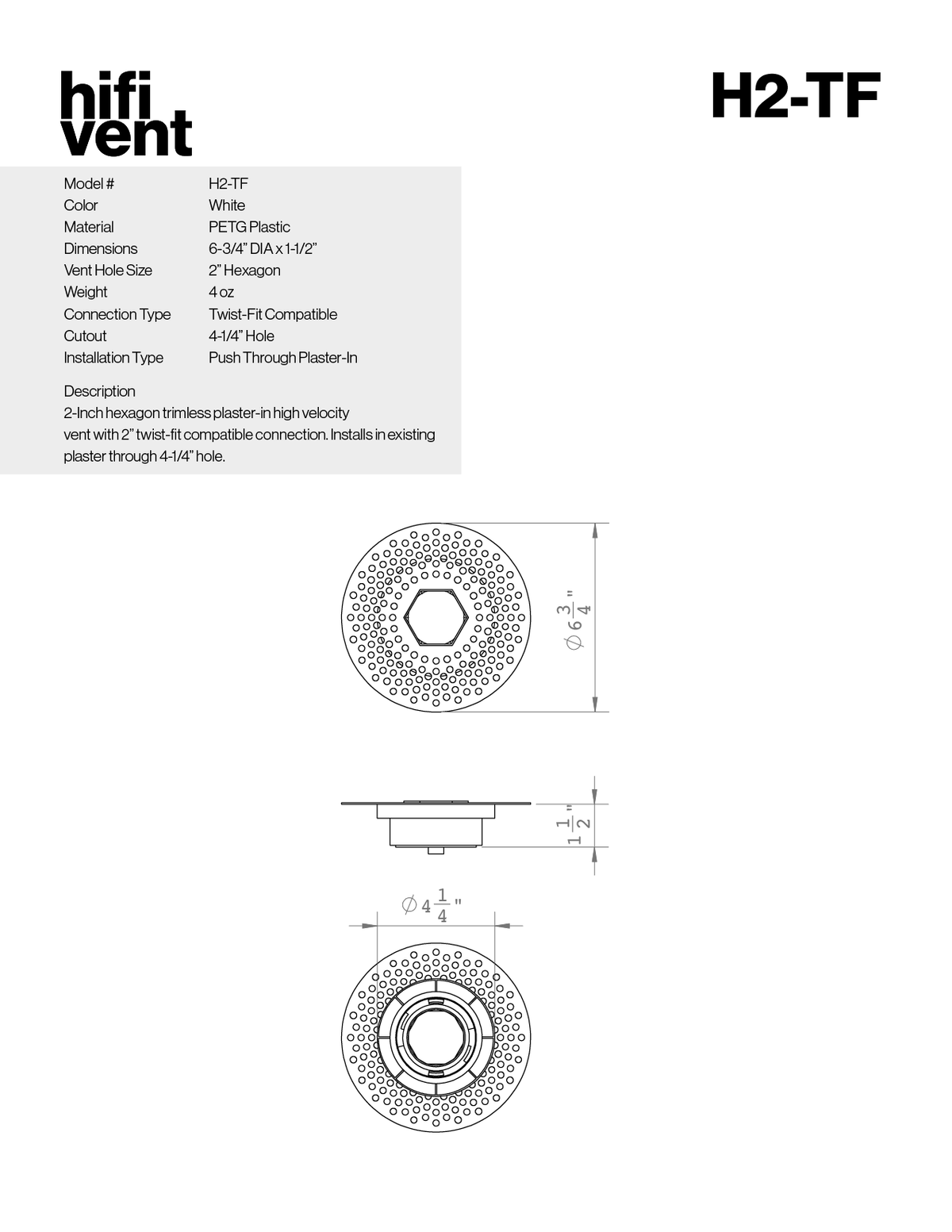 Modern 2-Inch Hexagon Trimless Plaster-In High Velocity Outlet