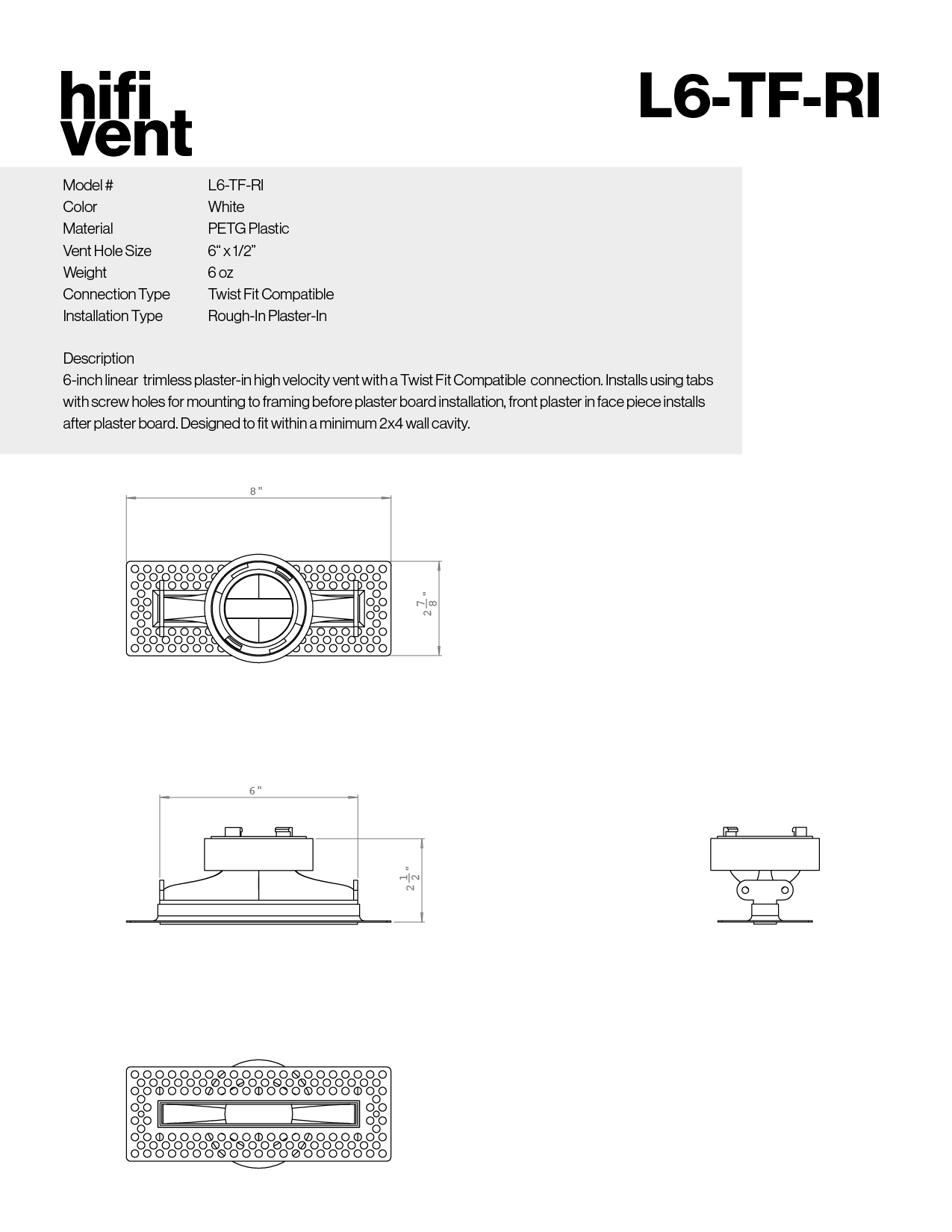 Modern 6-Inch Linear Trimless Plaster-In High Velocity Outlet
