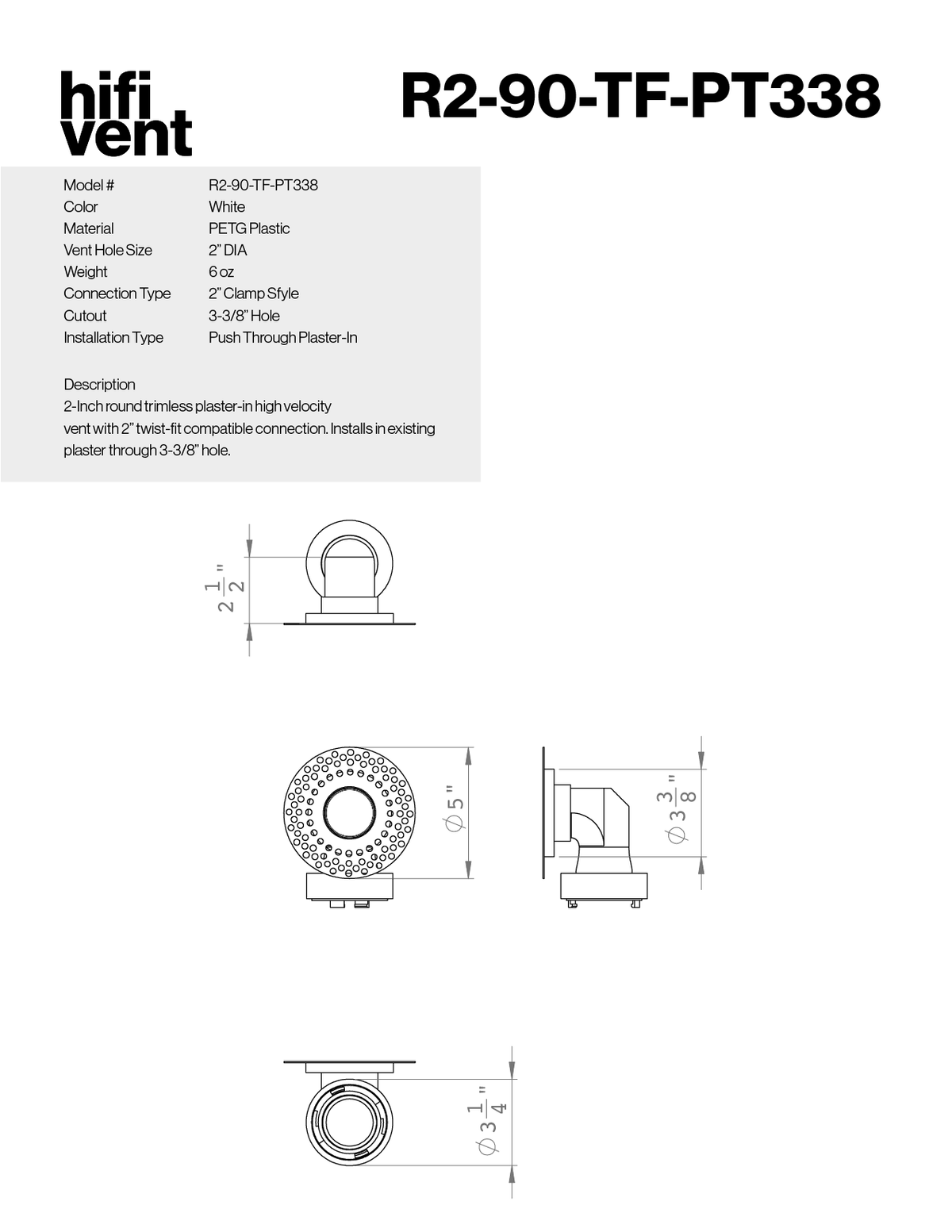 Modern 2-Inch Round Trimless Plaster-In High Velocity Outlet