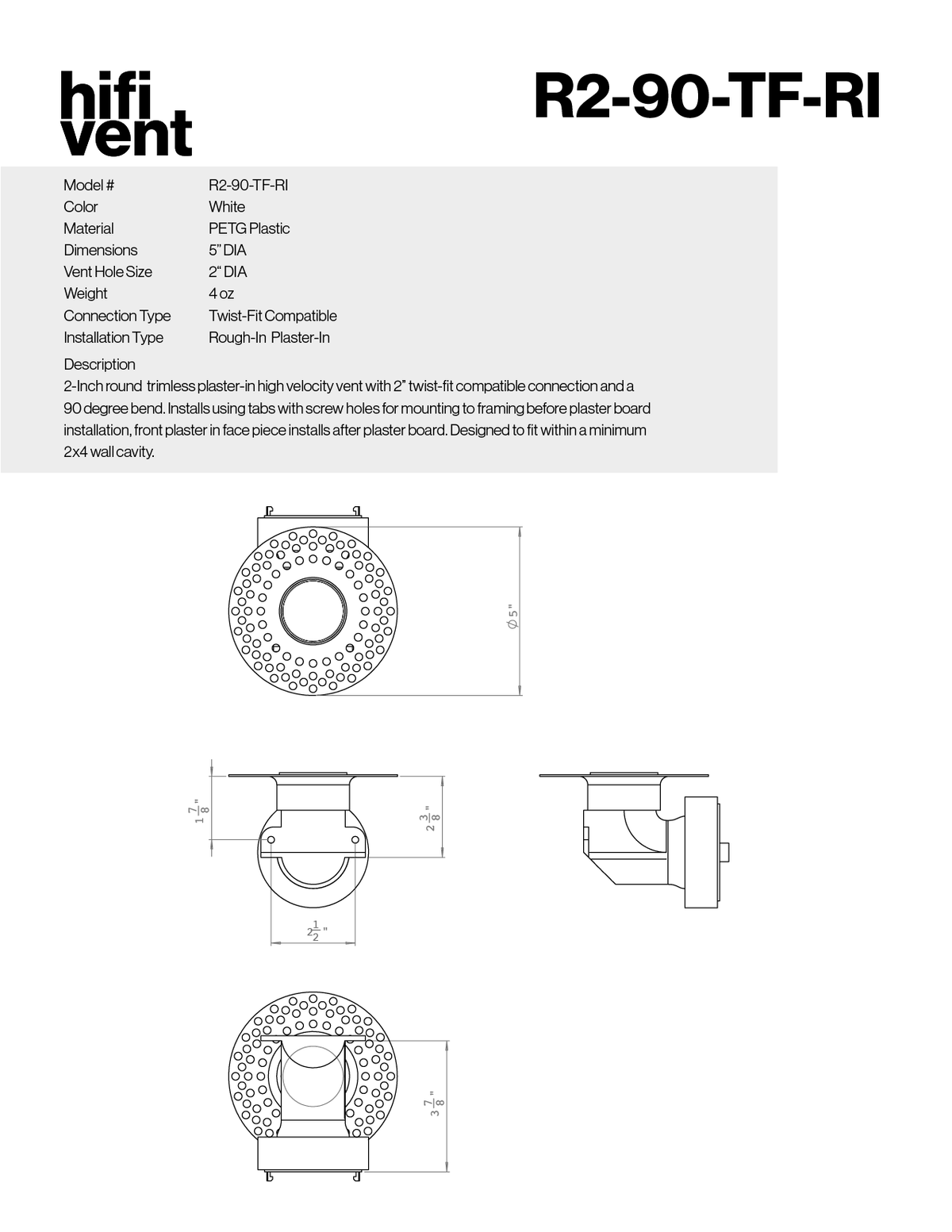 Modern 2-Inch Round Trimless Plaster-In High Velocity Outlet
