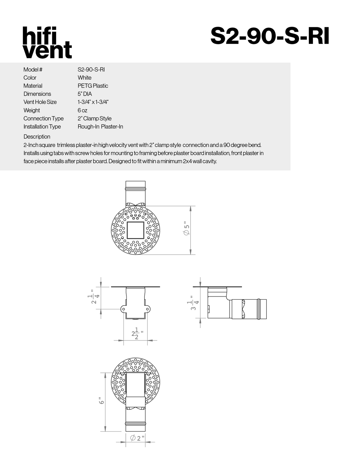 Modern 2-Inch Square Trimless Plaster-In High Velocity Outlet