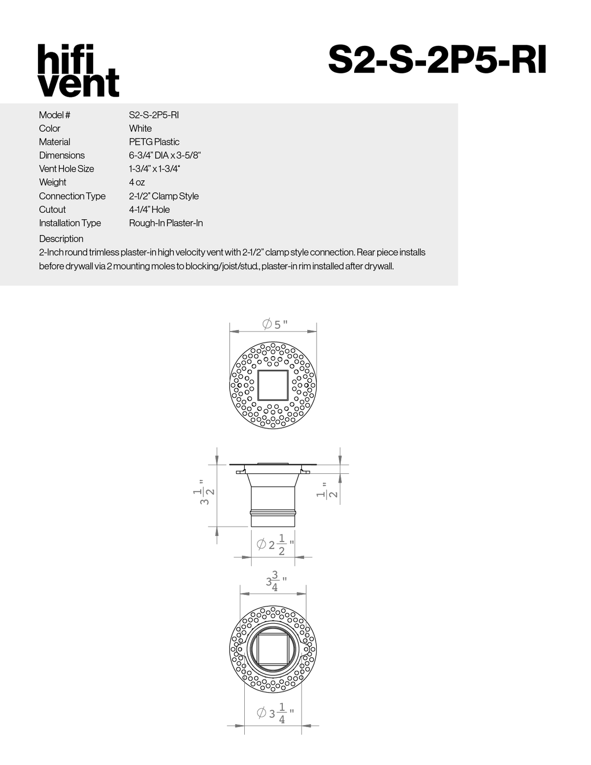 Modern 2-Inch Square Trimless Plaster-In High Velocity Outlet