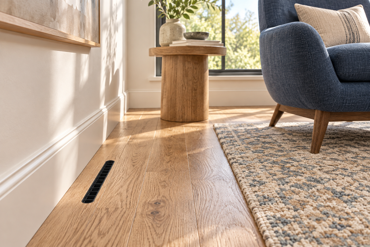 A finer line in the floor. — Hardwood floor · FLR6 high-velocity outlet